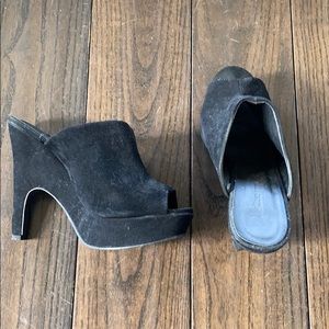 Black suede peep toe heels